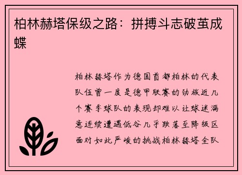 柏林赫塔保级之路：拼搏斗志破茧成蝶